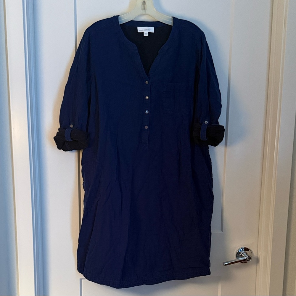 Navy Button-Up Gauzy Tunic Dress